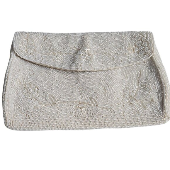 Vintage Hand-Beaded Ivory Clutch Purse Made in Japan Bridal bag - Picture 1 of 11